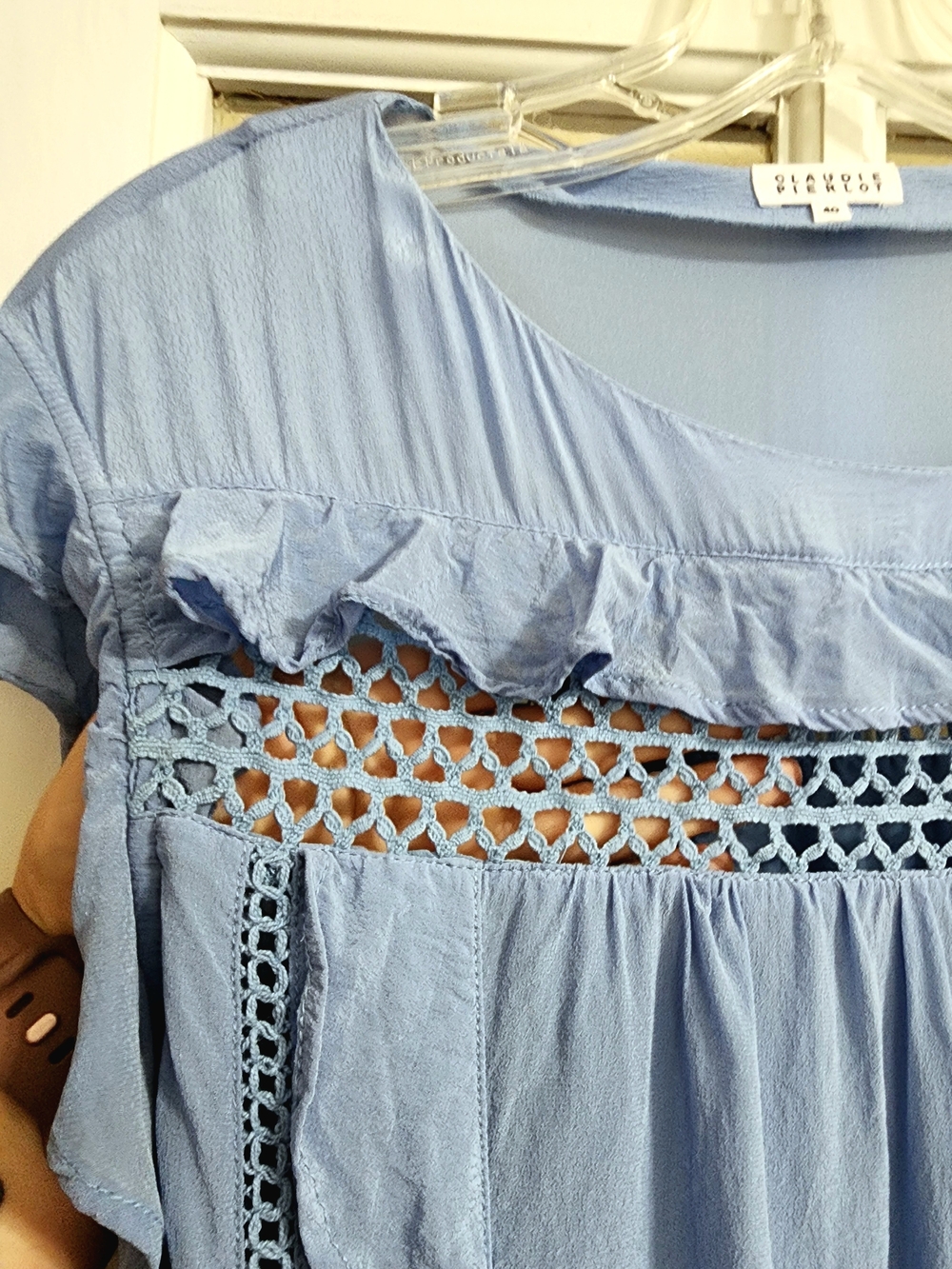 Claudie Pierlot RIMA Blue Ruffle Crochet Lace Dress FR 40 US 8 - Picture 10 of 13